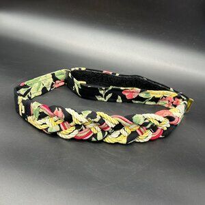 Vintage Braided Belt Floral Black Pink 1980s Adjustable Hook Loop Retro Fabric